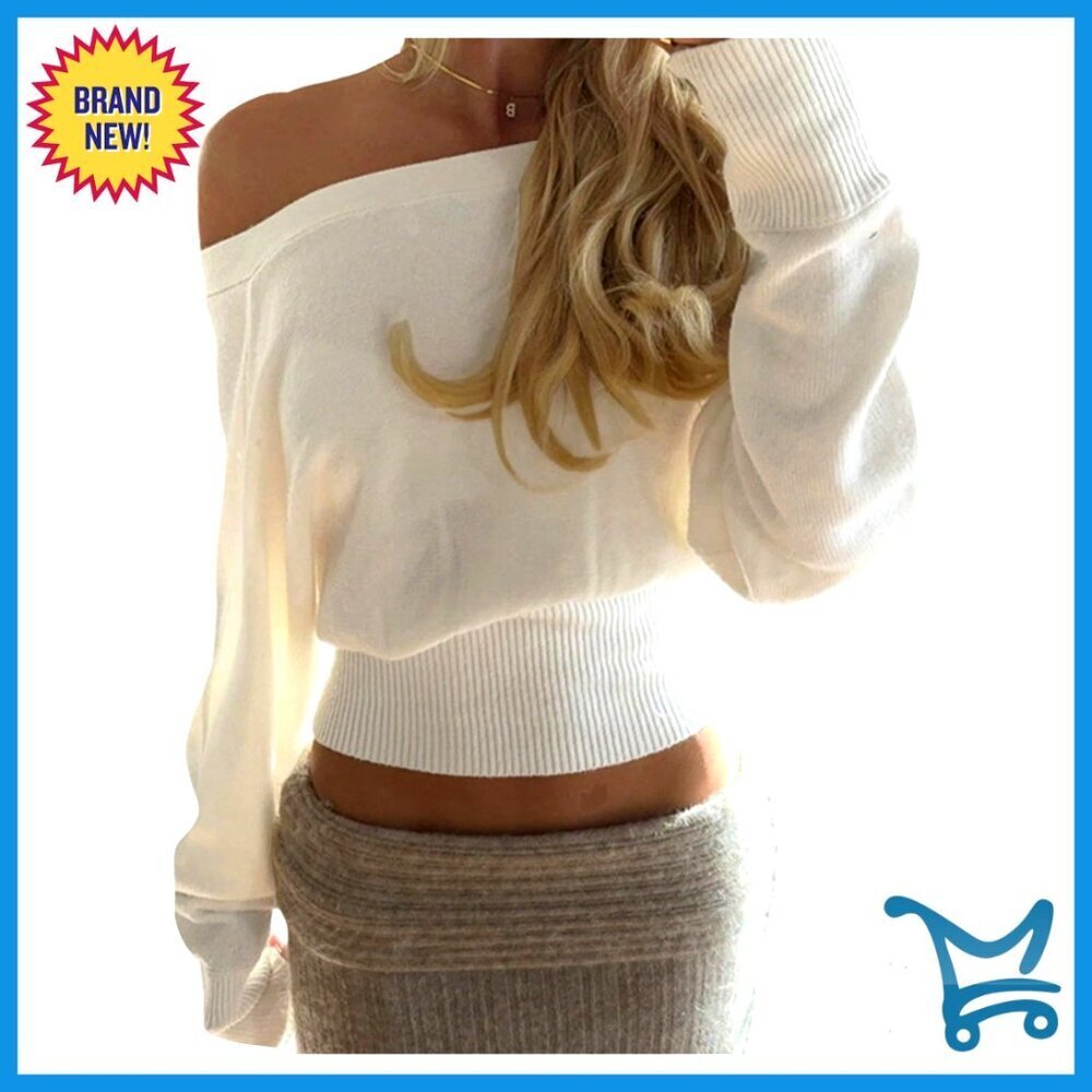 Off Shoulder Sweater Cinched Waist Asymmetrical Top Loose Fit Y2K Chic